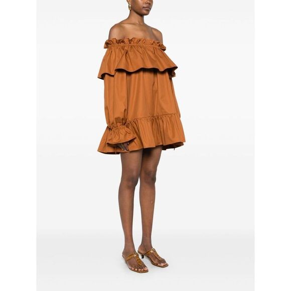 SAINT LAURENT Off-the-Shoulder Ruffled Midi Dress Women BROWN Dresses